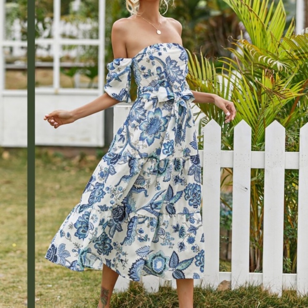 Boho floral belted ruffle hem off shoulder Dress - Picture 4 of 5